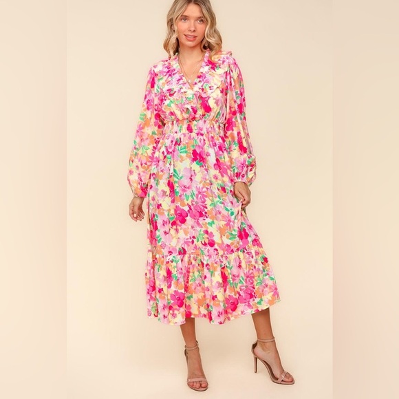Floral Surplice Balloon Sleeve Dress with Side Pockets - Picture 6 of 6